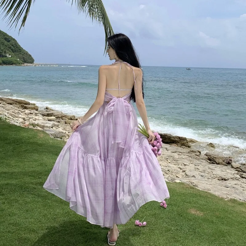 Fengxin Purple Mint Green V-neck Hanging Neck Strap Dress Long Dress Summer Beach Vacation Fairy Dress