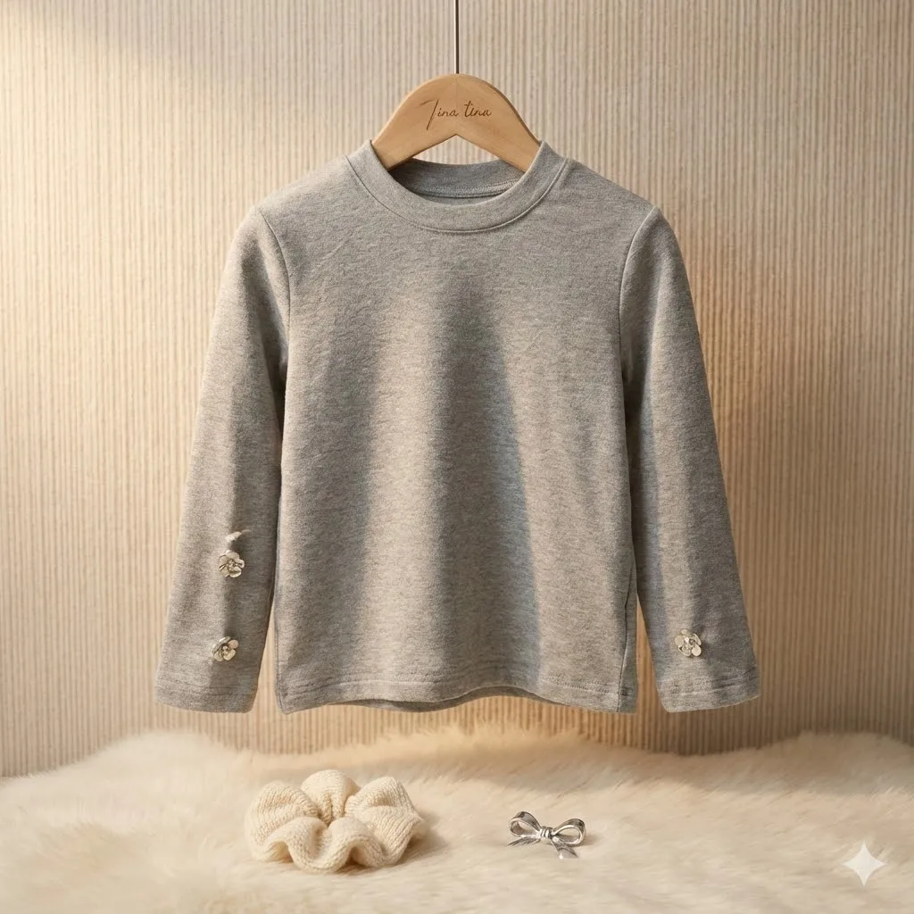 SeasonSea-Camiseta de algodón gris para niñas, Top de manga larga con puños de perlas y flores en 3D, Jersey informal para primavera y otoño