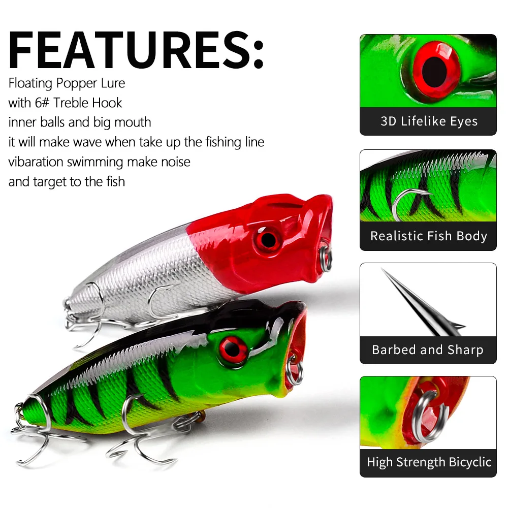 

1PCS 7.3cm 11g Hard ABS Plastic Fishing Lure 5-Color Popper Crankbait Minnow with 6# Treble Hook DXP001