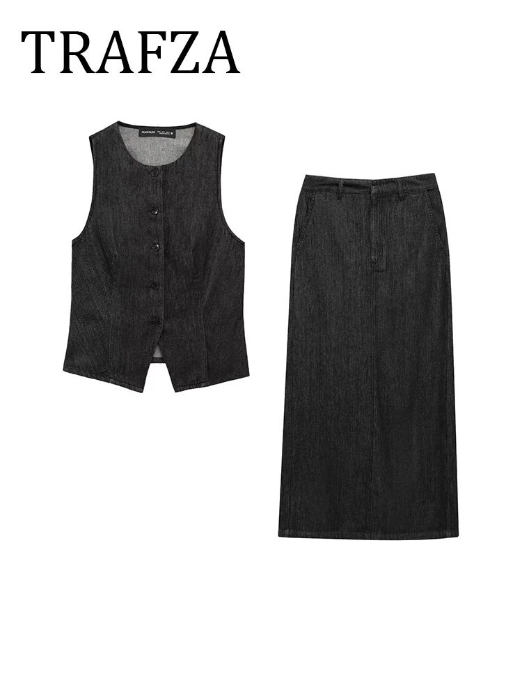 

TRAFZA Women's New Denim Vest Midi Skirt Two Piece Set O Neck Button Tank+High Waist Pockets Skirt 2025Summer Vacation Outfit
