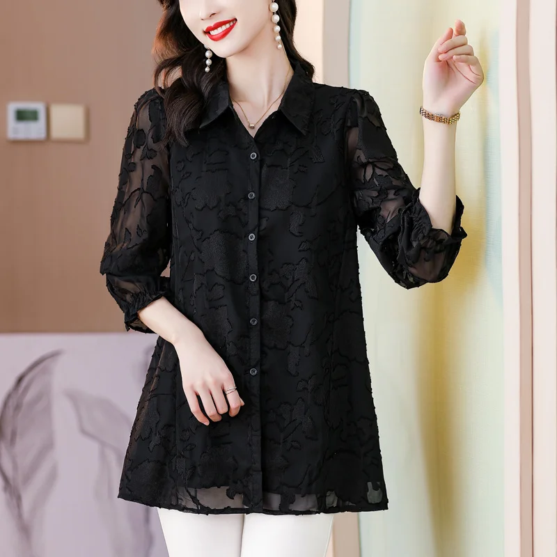 #2537 Spring Black Chiffon Shirt Women Long Sleeve Mid-length Women Tops And Blouses Turn-down Collar Office Shirt Female Loose