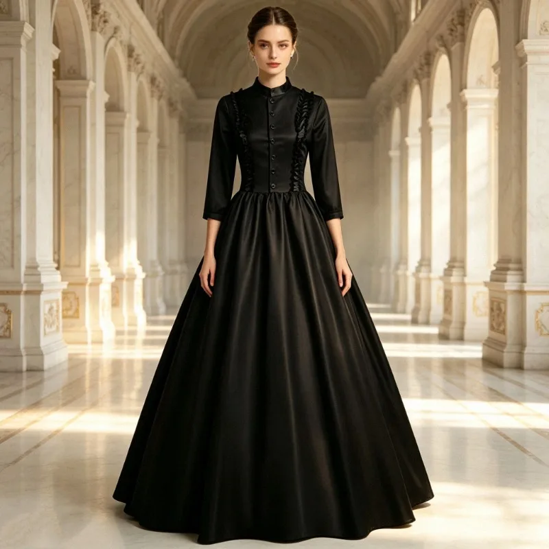 Retro Viktorianisches Prinzessinnenkleid Mittelalterliches Hofkleid Edles Cosplay-Kostüm Einfarbig Hochgeschlossen Karneval Halloween Party Ball Outfit