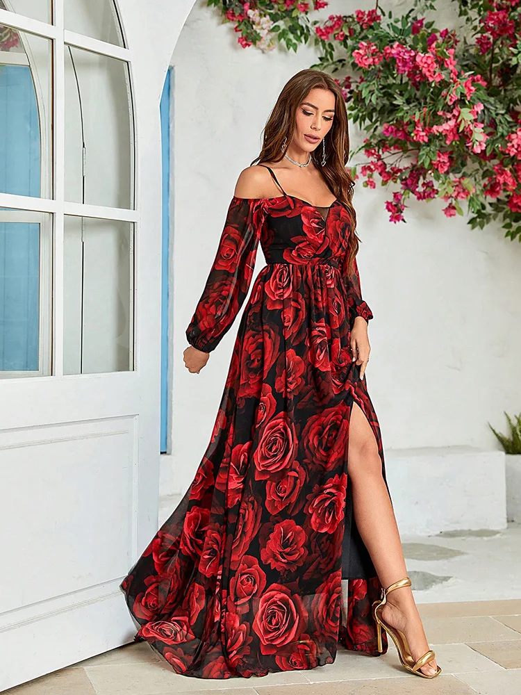 TOLEEN-Vestido largo con estampado Floral para mujer, traje Sexy de gasa con hombros descubiertos y abertura hasta el muslo, estilo bohemio, ideal para vacaciones, novedad de 2024