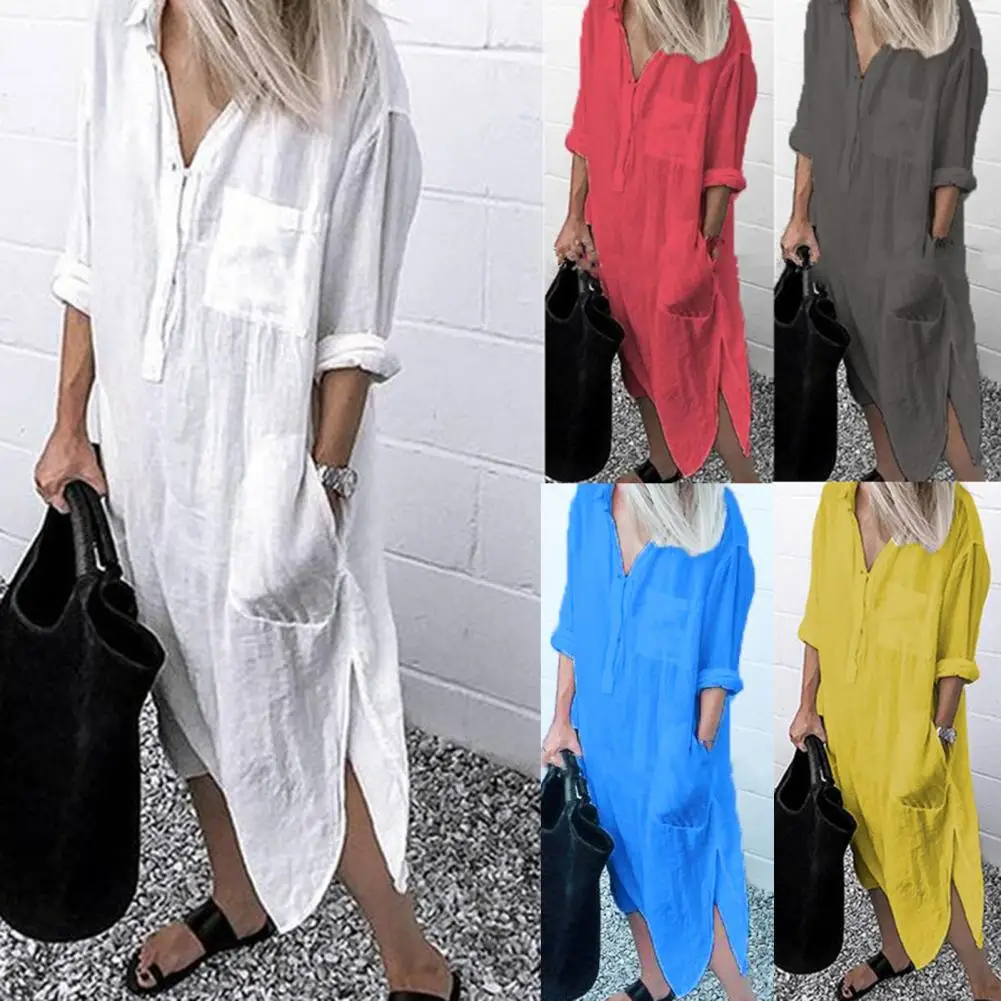 

Office Commute Dress Spring Summer Pure Color Loose-fitting Dress Turn-down Collar Streetwear Midi Dress for Daily Wear