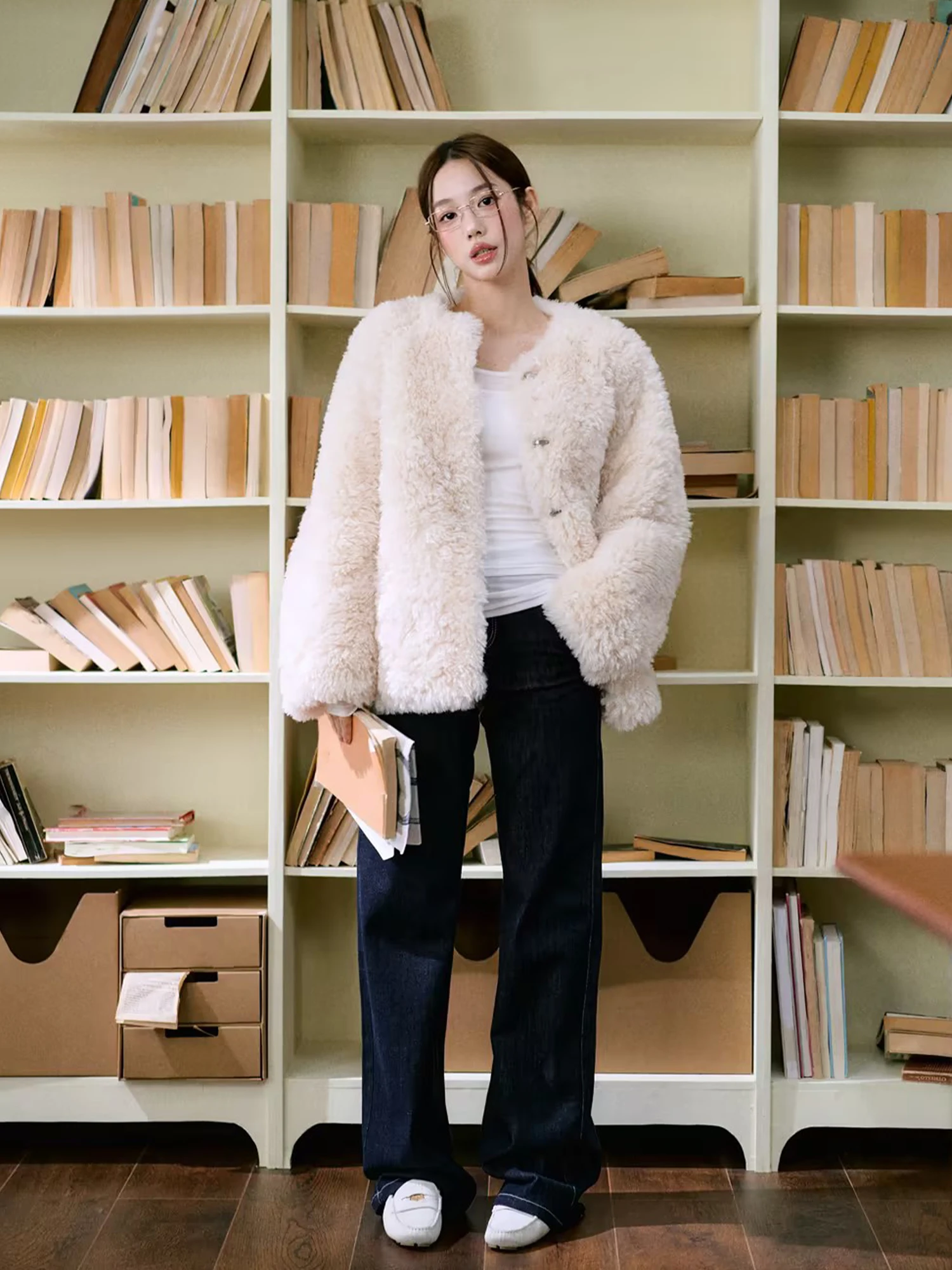 Casaco de Pele E com Gola Redonda para Mulheres, Aquecimento de Inverno, Couro Ecológico, Estilo Simples, Manga Longa,...