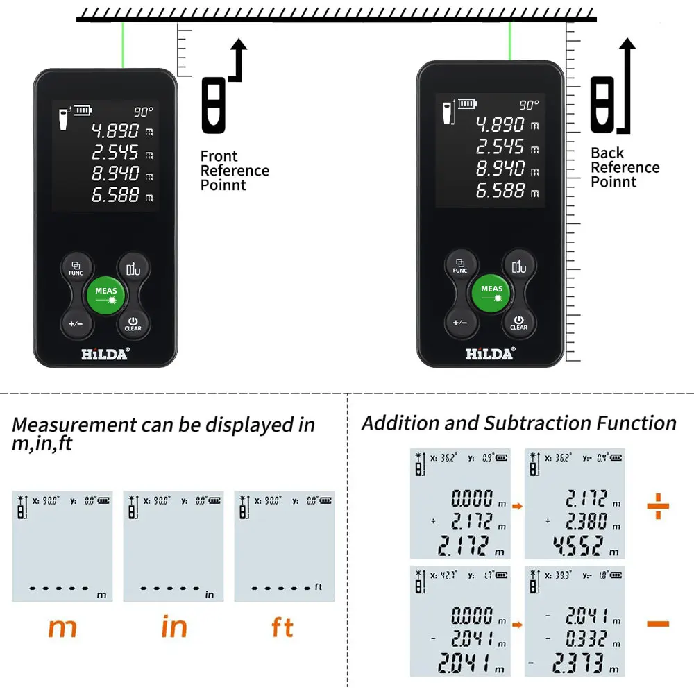 HILDA 50M/100M Laser Rangefinder Red/Green Light Laser Distance Digital Tape Rechargeable and Measurable Angle Laser Measure