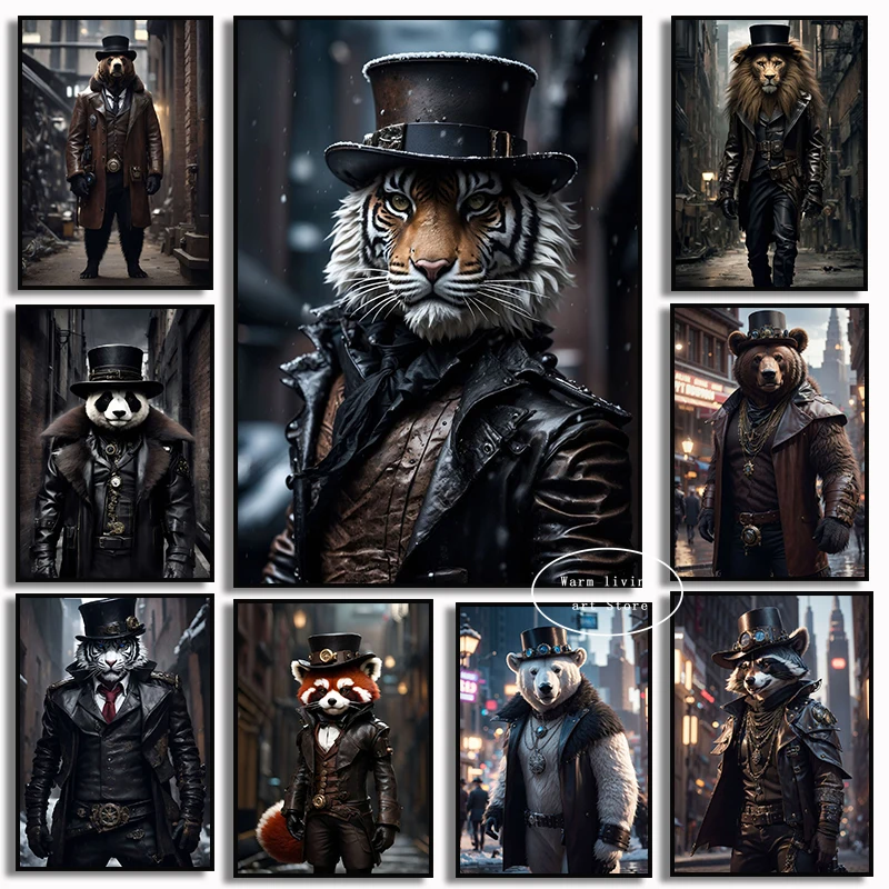 Steampunk Animals Canvas Painting Red Panda Brown Bear Tiger Lion   Poster Wall Art Print Pictures for Living Room Home Decor