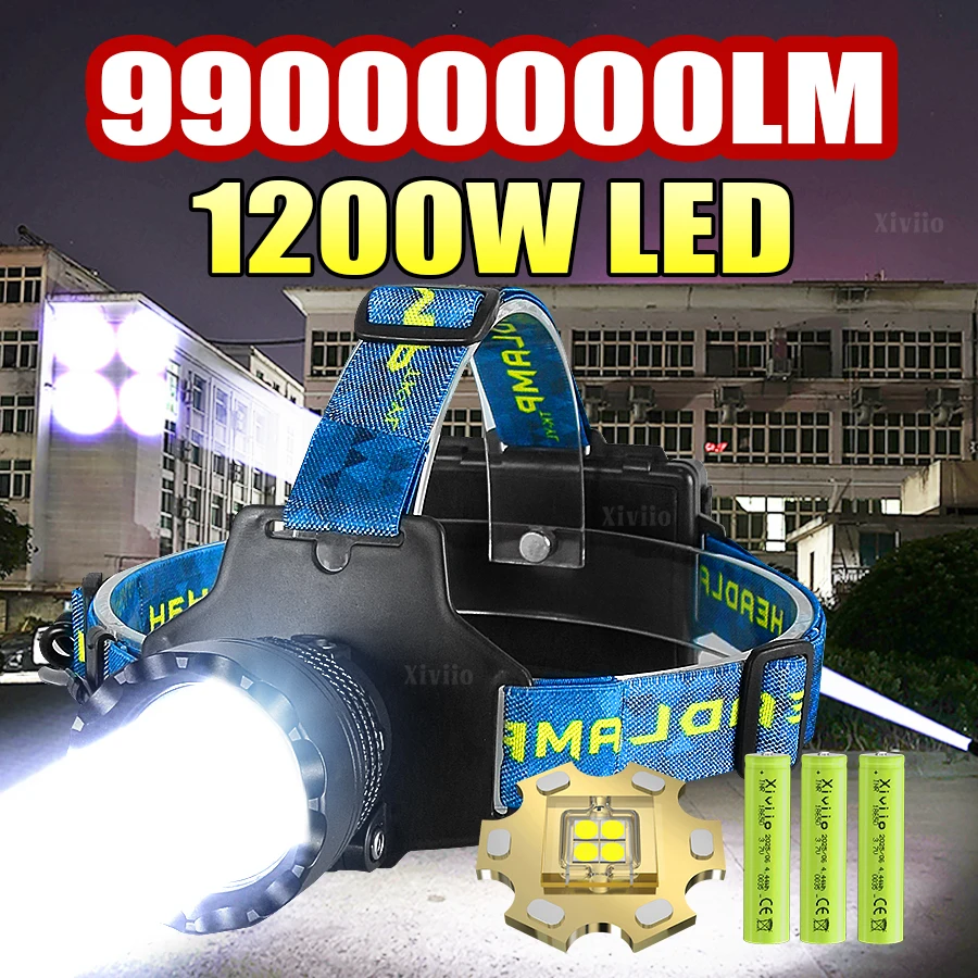 Linterna frontal versión mejorada 4 núcleos súper largo alcance potente LED de alta potencia Zoom faro fuerte lámpara de cabeza pesca senderismo