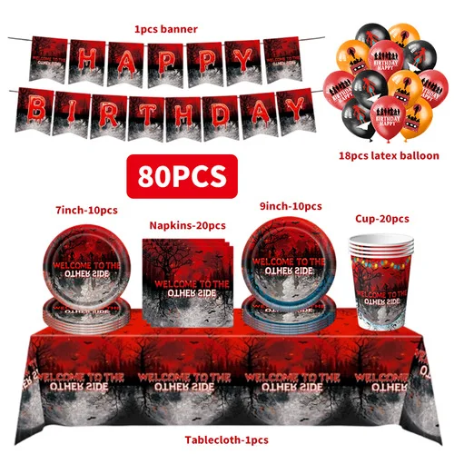 Stranger-Themen-Geburtstagsdekoration Horrorfilm-Geschirr Tasse Teller Tischdecke Luftballons Banner Geschenktüte Snackbox Partyzubehör – Detail 6