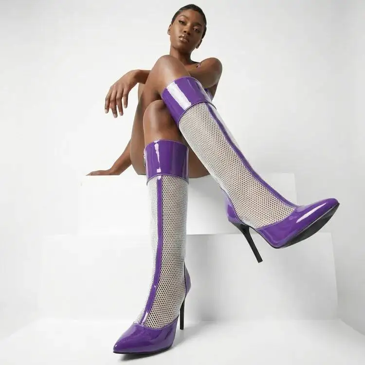 

Summer Sexy Mesh Knee High Boots 2026 Pointed Tip Stiletto Heels Big Size 34-46 Women's Fashion Boots