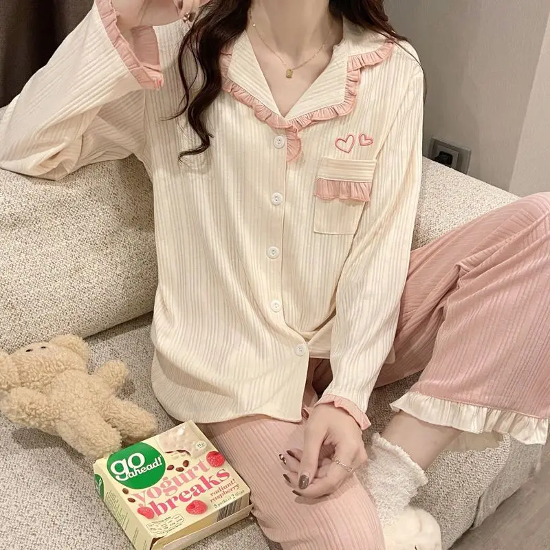 Ruffles Sleepwear Women Pajama Sets Patchwork Long Pants Suit 2 Pieces Piiama Korean Style Full Sleeve Autumn Pocket Night Wears