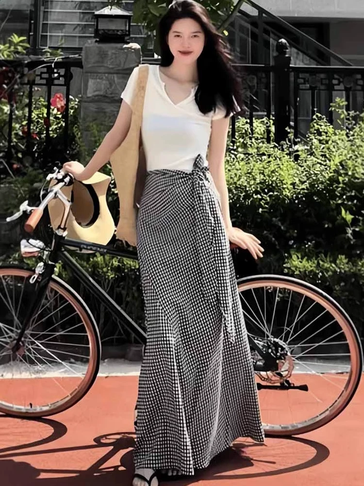 

Summer High Waist Plaid Belted Midi Skirt Women's Slimming Drapey A-Line Skirt Commute Sle Polyester Fiber 00%