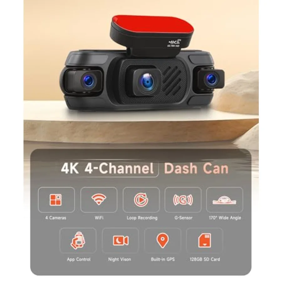 4K 360 Dash Cam for car use, metal housing, black, 4-channel front/rear/inside/side recording with WiFi, APP control, built-in view 2
