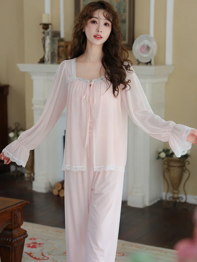 French Women Pajamas with Chest Pads Summer Sexy Ladies Three Piece Set Mesh Modal Fairy Vintage Princess Homewear Sleepwear