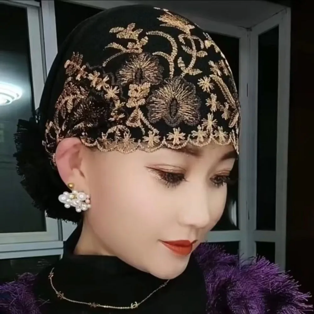 

New Flower Embroidery Bonnet Hat Elastic Full Cover Headscarf Breathable Cover White Hair Turban Hat Women