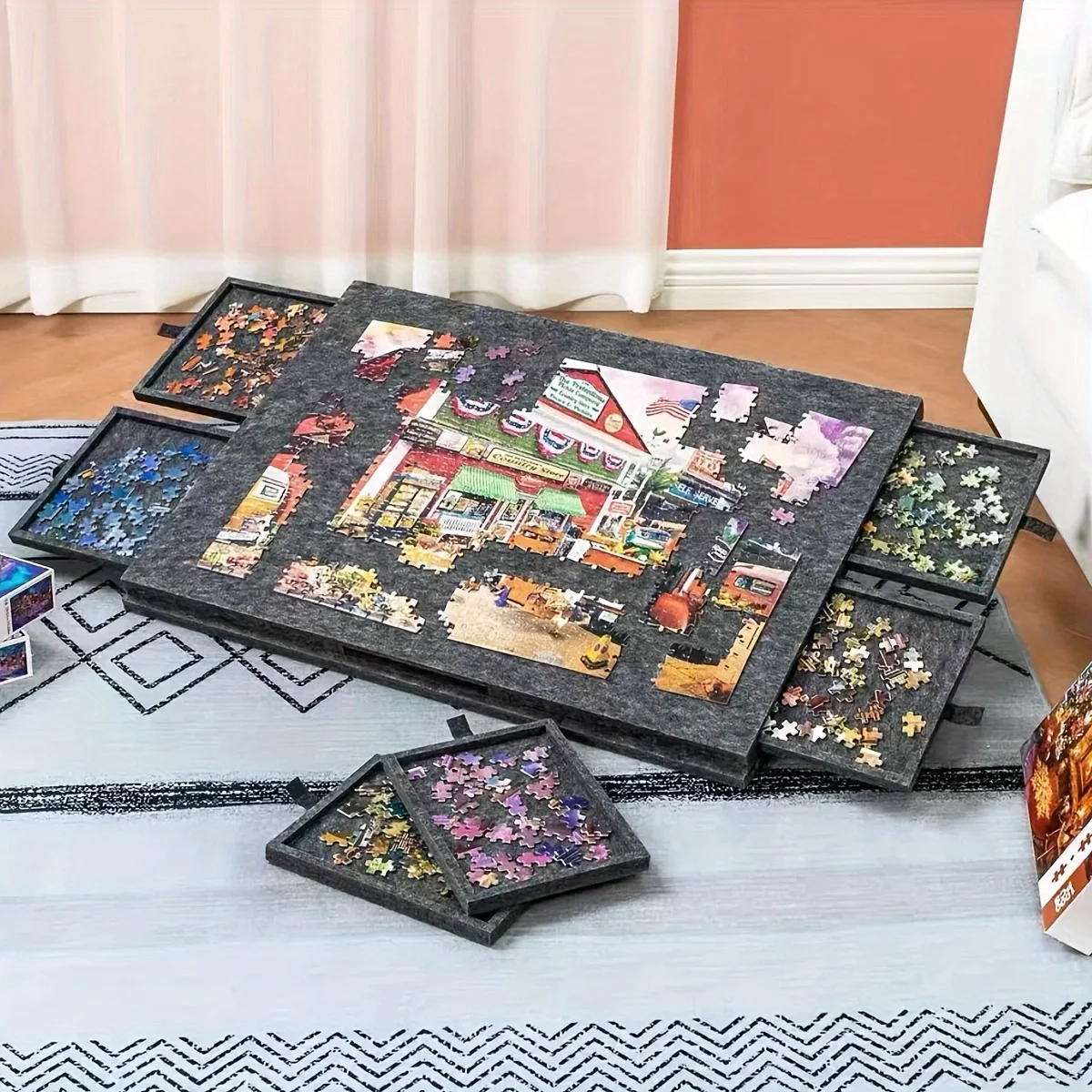 1000pcs Puzzle Board W/6 Sliding Drawers - Portable Non-Slip Organizer, Durable Storage for Home/Travel, Also Decor Panel