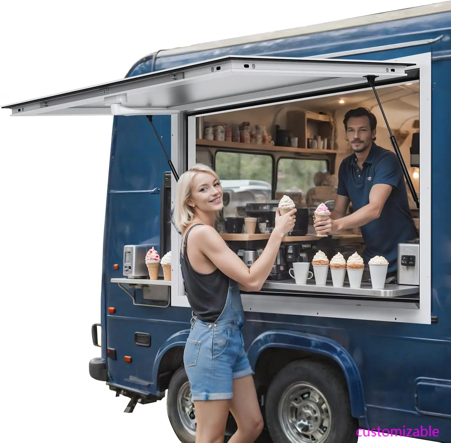 

Concession Window 48"x36", Aluminum Alloy Food Truck Service Window with Awning Door & Drag Hook, Up to 85 Degrees Stand
