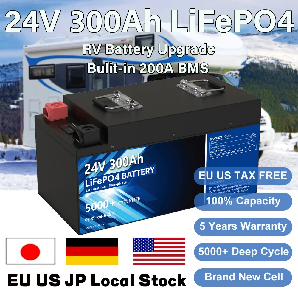 

LiFePO4 24V 100AH 200AH 300AH Battery Pack Lithium Solar Battery With Bluetooth BMS Grand A Cell 10000+ Cycles For RV EU STOCK
