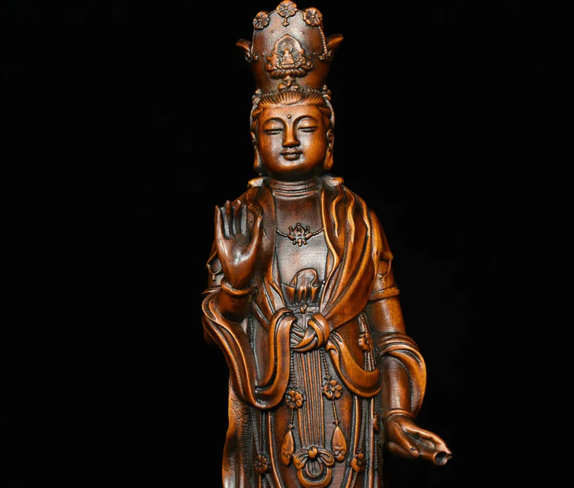 Chinese Buddhism Boxwood Wood Carved Dragon Fish GuanYin Kwan-yin Buddha Statue