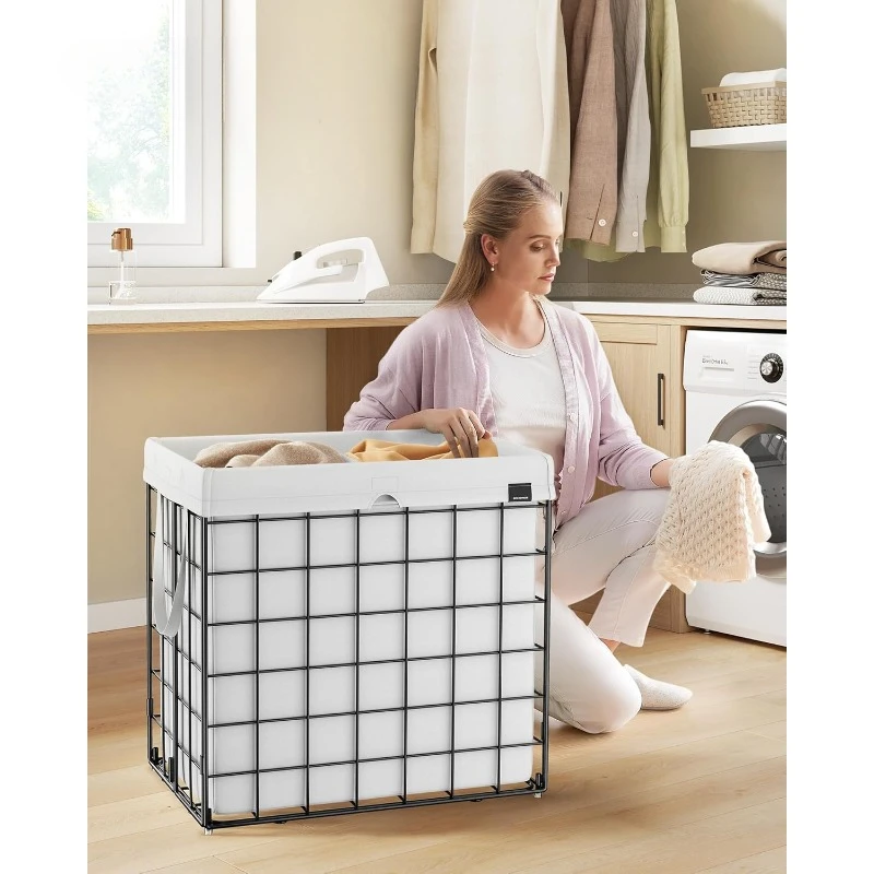 Laundry Hamper, 34.3 Gal  Removable and Washable Liner, Metal Wire Frame, for Bedroom Bathroom, Cream White ULCB113W01