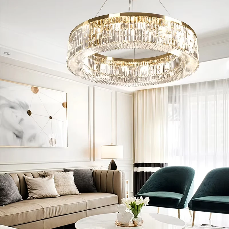 Luxury Round Ceiling Chandeliers Trendy Modern LED Lights Golden Lustres Hanging Lamps Crystal Home Decoration for Living Room b