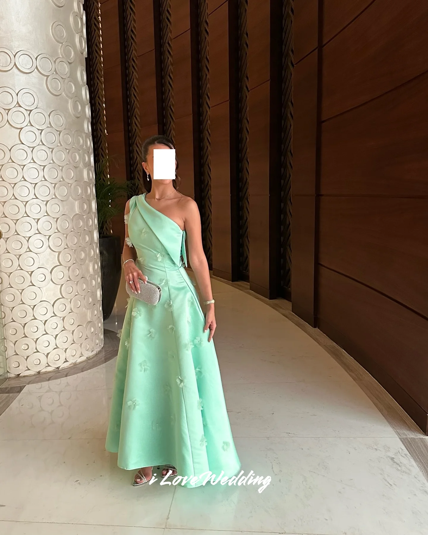 

Green One Shoulder Evening Dress 2025 Satin Sleeveless Floral A-Line Elegant Ankle-Length Pleated Wedding Party Dress Customized