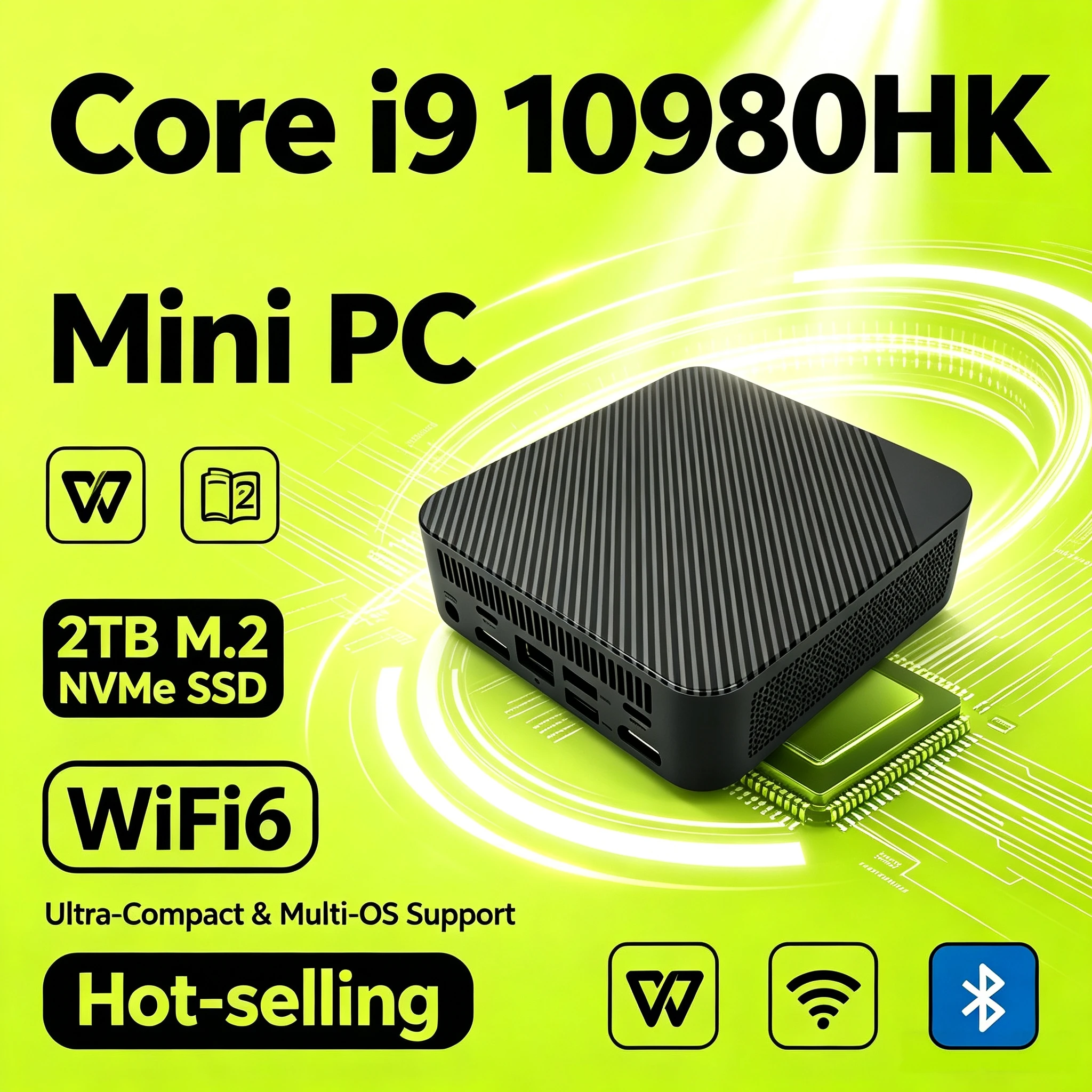 Mini PC Intel i9 10980HK Pequeno 16GB DDR4 512GB NVMe SSD Suporte a Três Monitores 4K WiFi6 BT52 Estação de Trabalho Silenciosa para Escritório e Casa