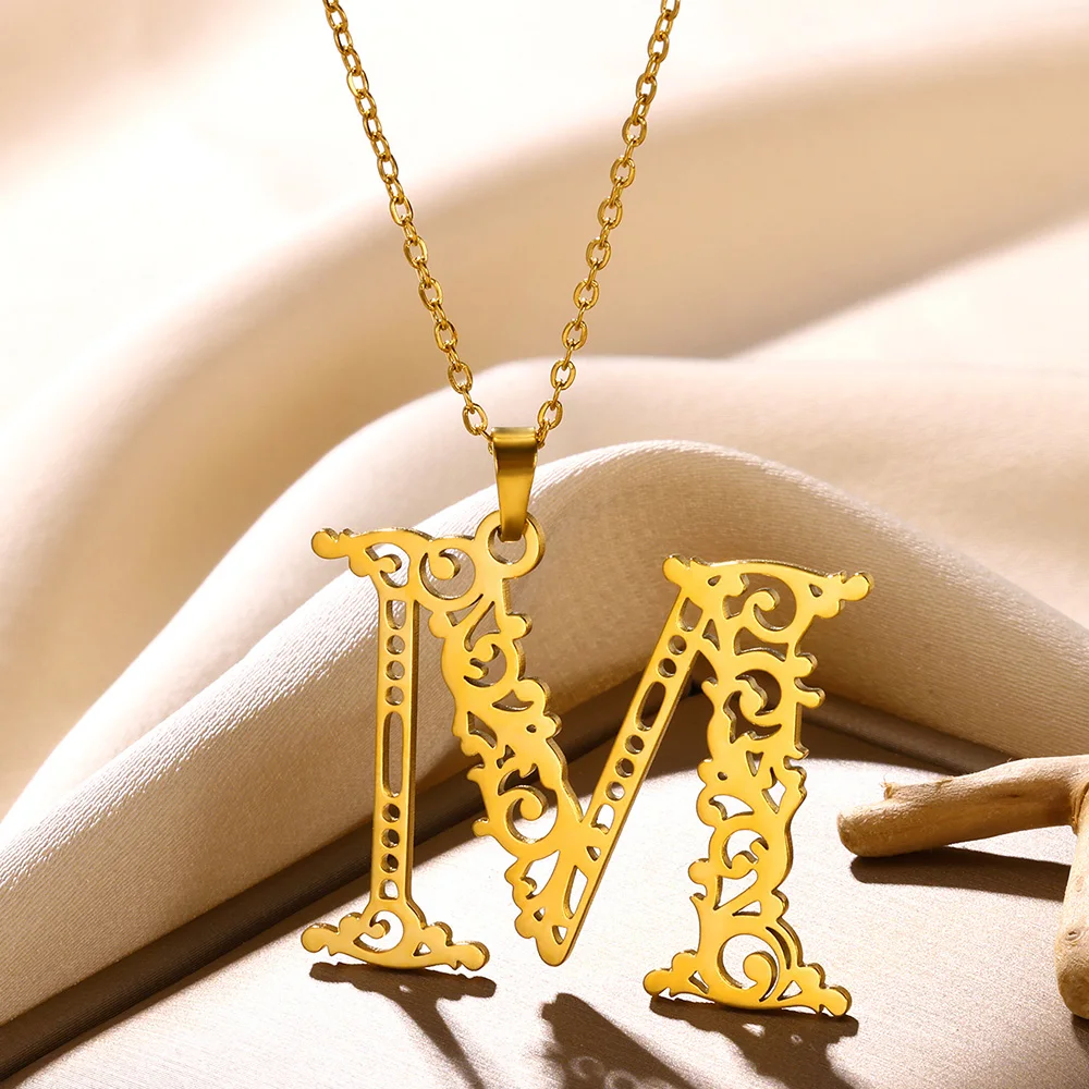 Letter Gold Color Pendant Necklace For Women Stainless Steel Jewelry Hollow Initial Punk Accesorios Para Mujer Birthday Gift New