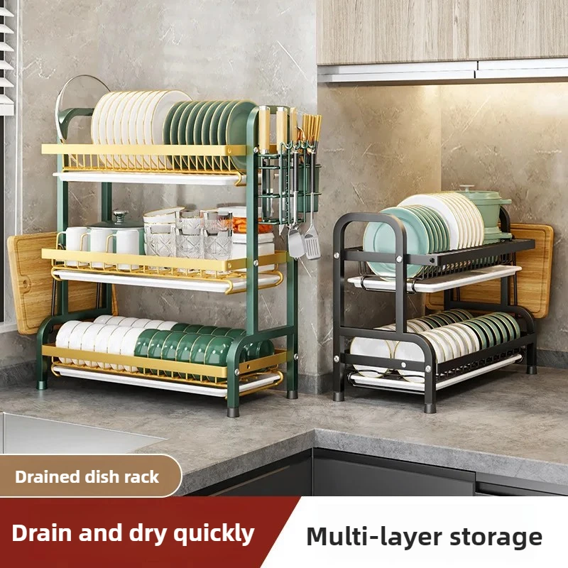 Multifunctional Dish Drying Rack Cutlery Holder with Drain Tray Cutting Board Rack Kitchen Countertop Storage Solution