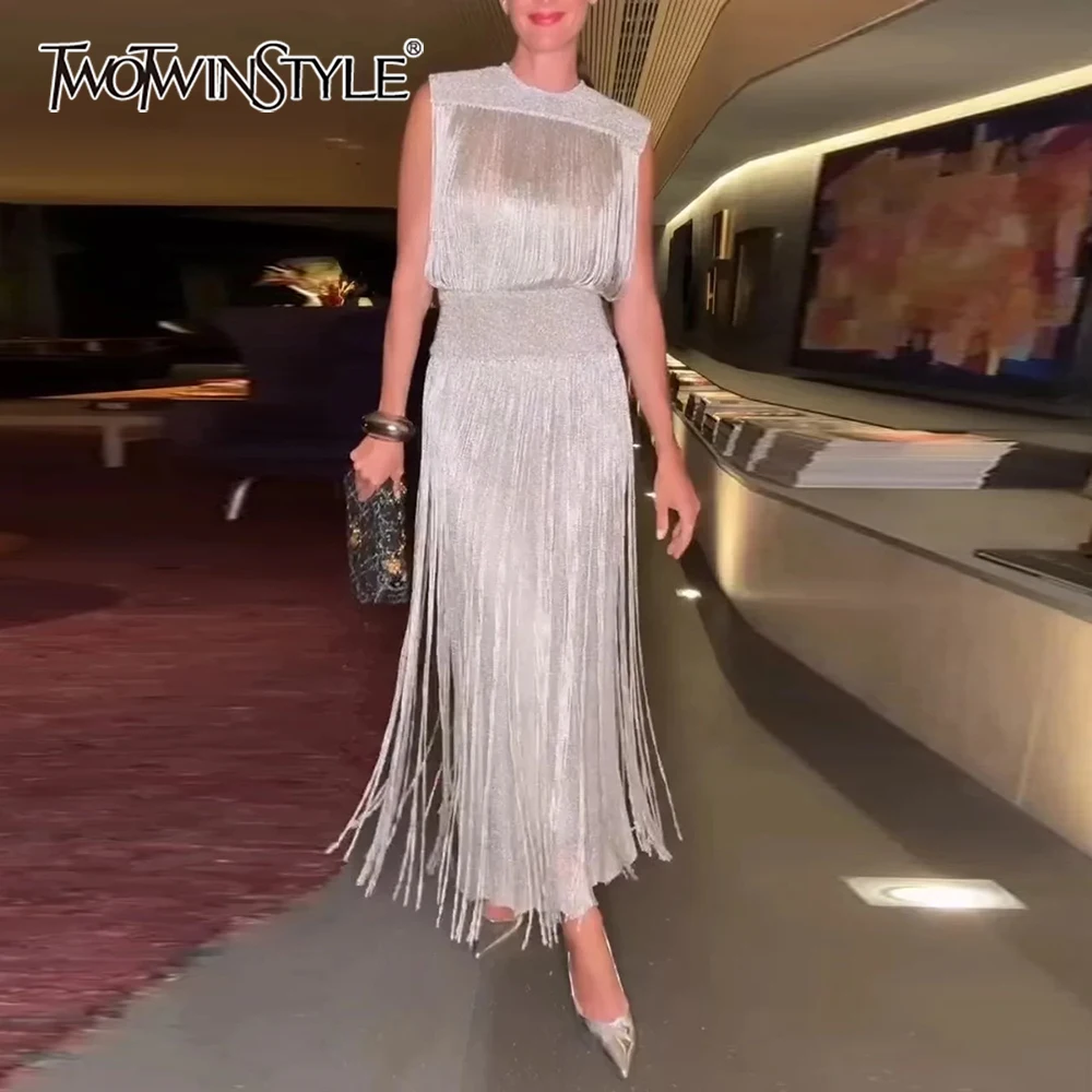 

TWOTWINSTYLE Solid Spliced Tassel Dresses Suit for Women O Neck Sleeveless High Waist Long Dress with Sling Two Piece Set Female