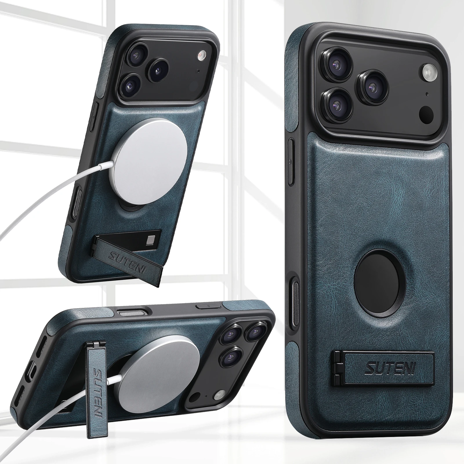 SUTENI Luxury Faux Leather Phone Case Stand Magnet Wireless Charging Smooth Surface For iPhone 17 Pro Max 16 Plus 15 14 13 12