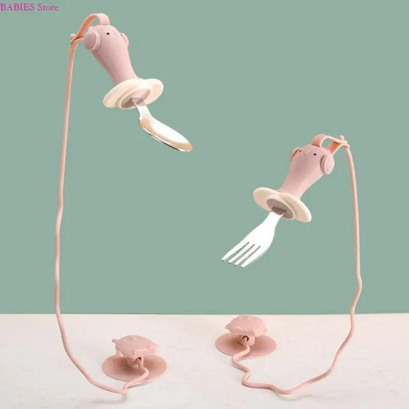 C9GB Unbreakable Toddler Spoon and Fork Set z łańcuchem zapobiegania stratowi ssącej do niezależnej praktyki żywieniowej