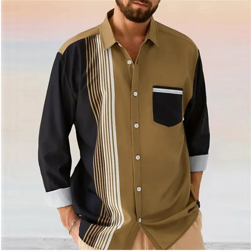 

2023 Men's Shirt Summer Hawaiian Shirt Striped Print Pocket Long Sleeve Shirt Outdoor Streetwear Fashion Designer Casual Soft