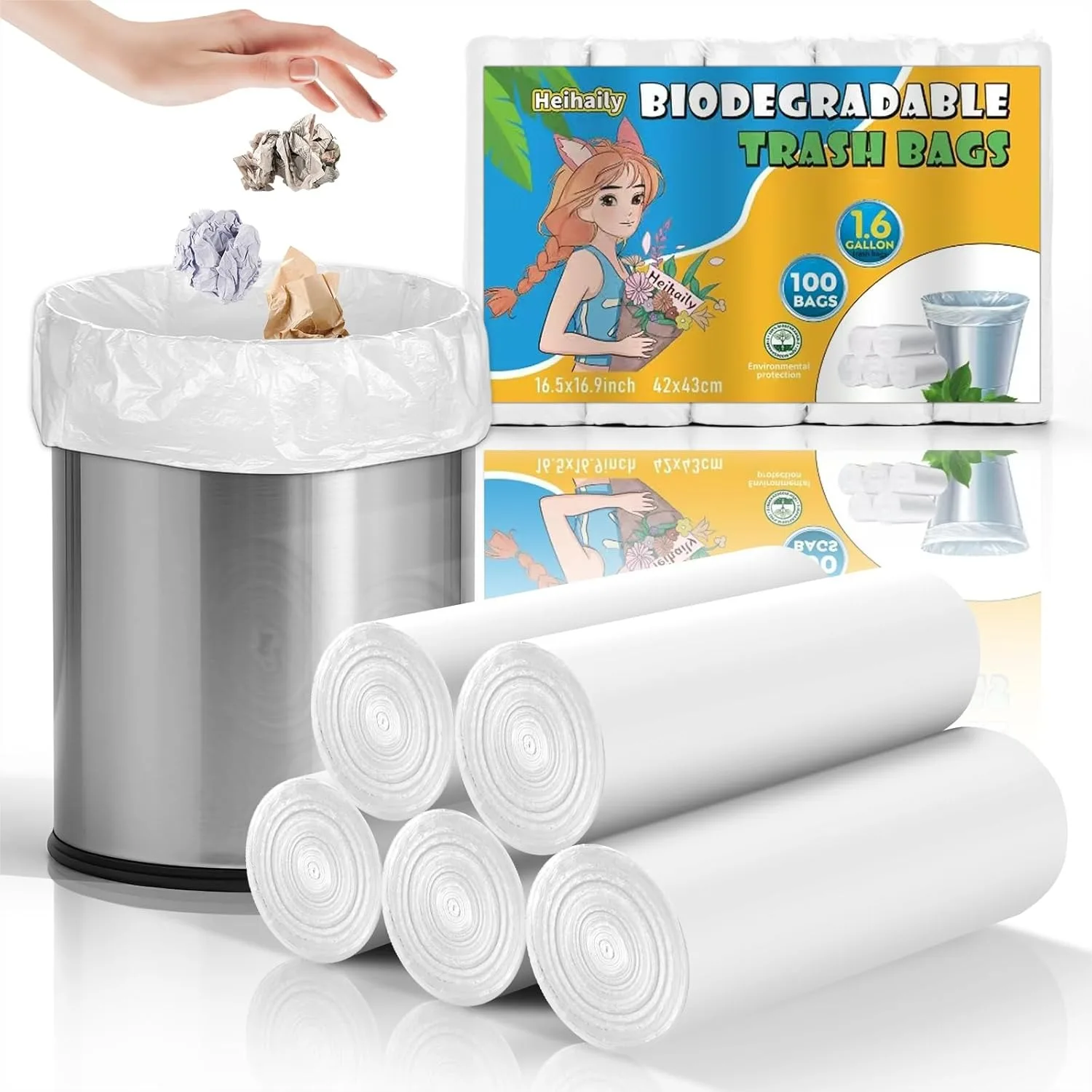 

1.6 Gallon Trash Bags for Bathroom - Unscented Small Biodegradable Garbage Bags with Strong Tear-Resistant Design for Kitchen
