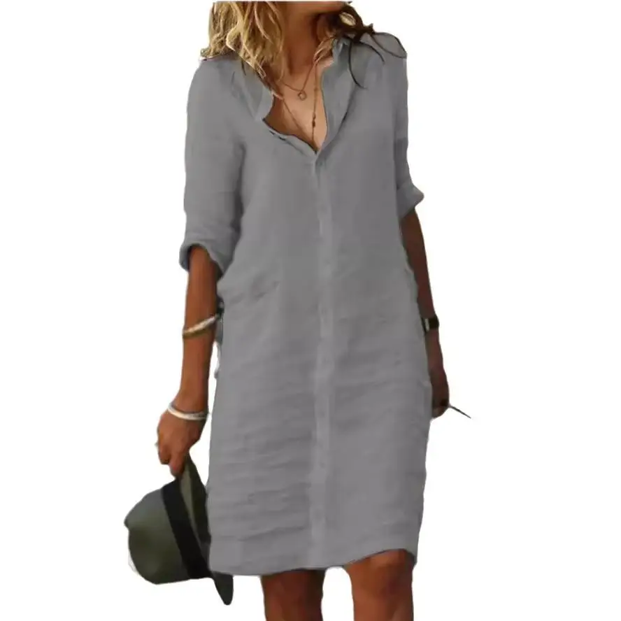 Irt Dr informal de lino y algodón con cuello abatible, silueta acampanada de media manga, cintura suelta cómoda para ir al trabajo y ocio