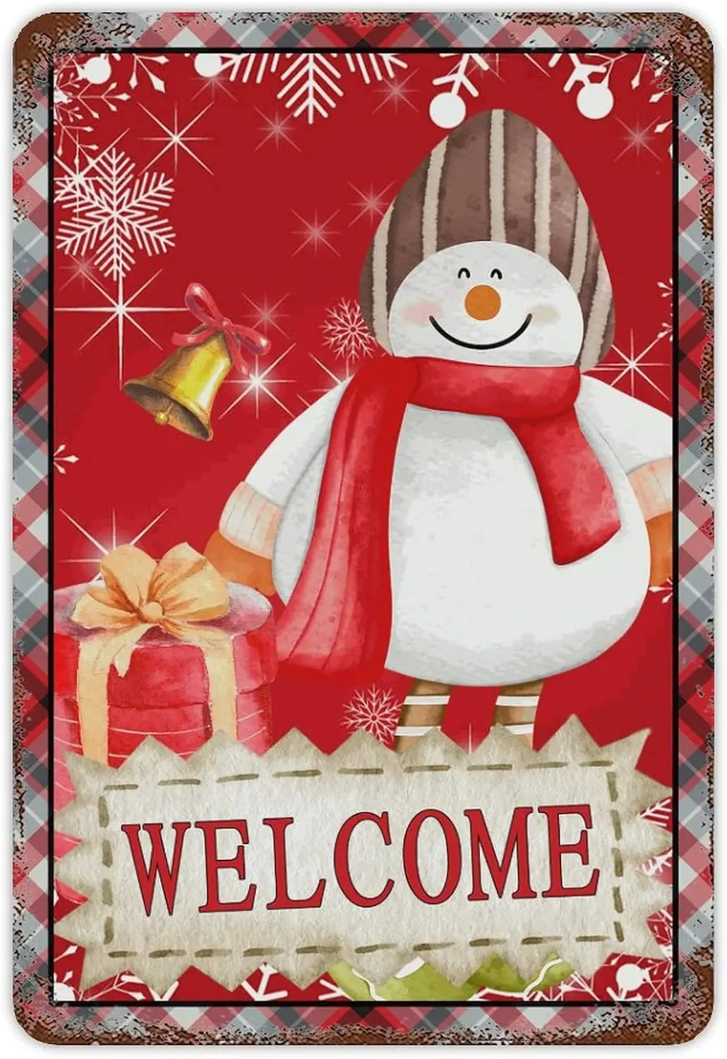 Merry Christmas Metal Sign Snowman Welcome Tin Sign Red Black Buffalo Plaid Snowflake Bells Signs Rust Vintage Farmhouse Garden