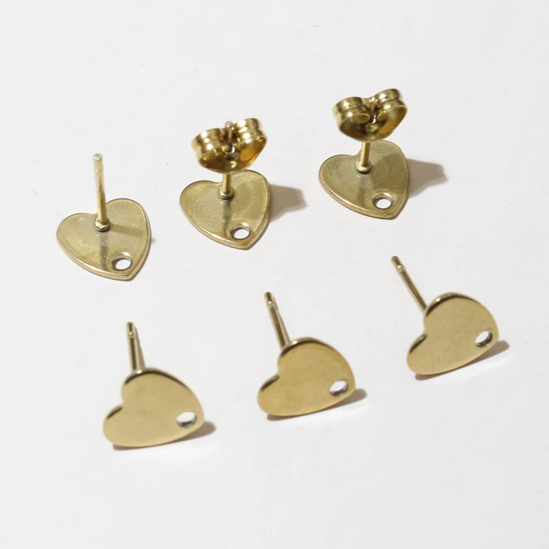 20pcs 8mm Heart 316 Stainless Steel Gold Plated Pin Findings Stud Earring With Hole Connector For DIY Jewelry Making Supplies
