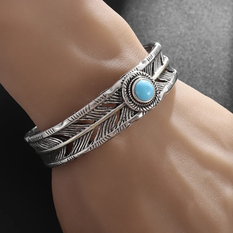 Versatile Open Bracelet, Retro Distressed Men's and Women's Distressed Jewelry, Blue Turquoise Feather Bracelet Gift