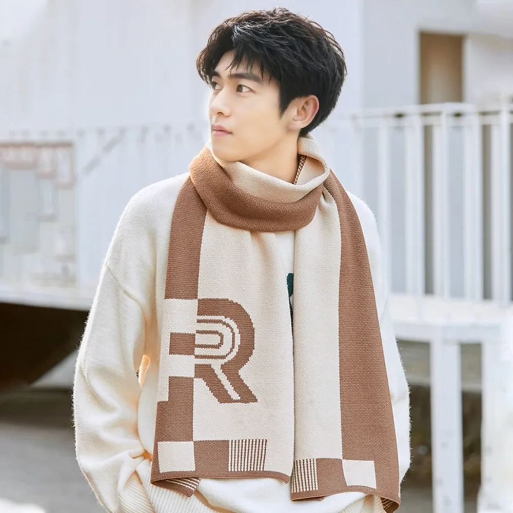 

Large Acrylic Fibres Color Blocked Scarf Long Soft R-shaped Knitted Scarf Warmer British Style Men Thick Shawl Gifts