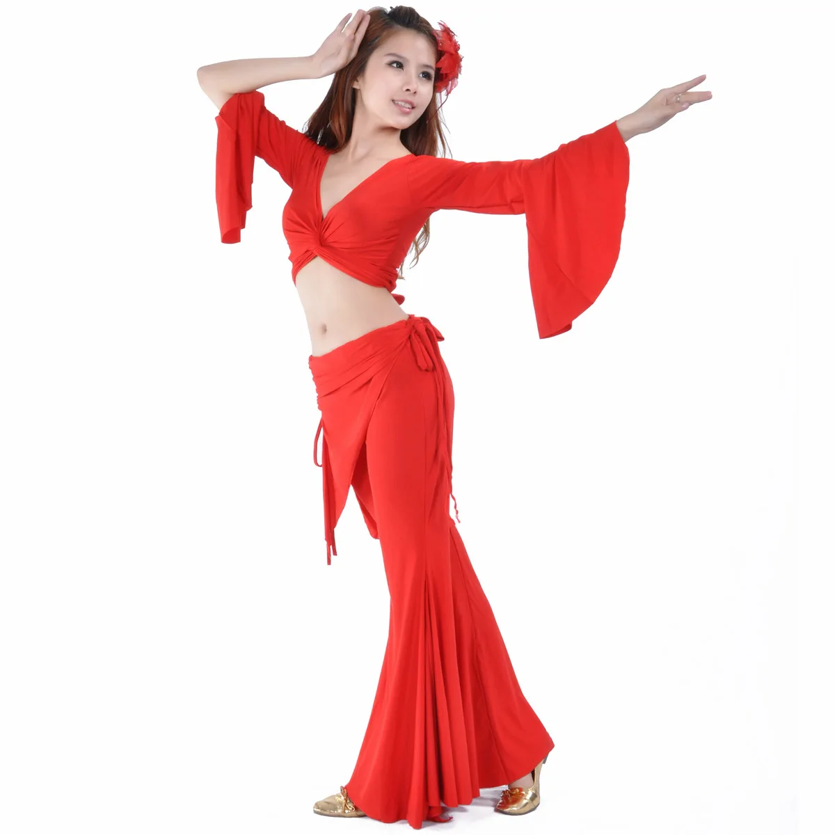 Hot Sale Hight Quality Women Girls Practice Costume Crystal Cotton Flared Sleeve Waist Skirt Tribal Pants Belly Dance Set