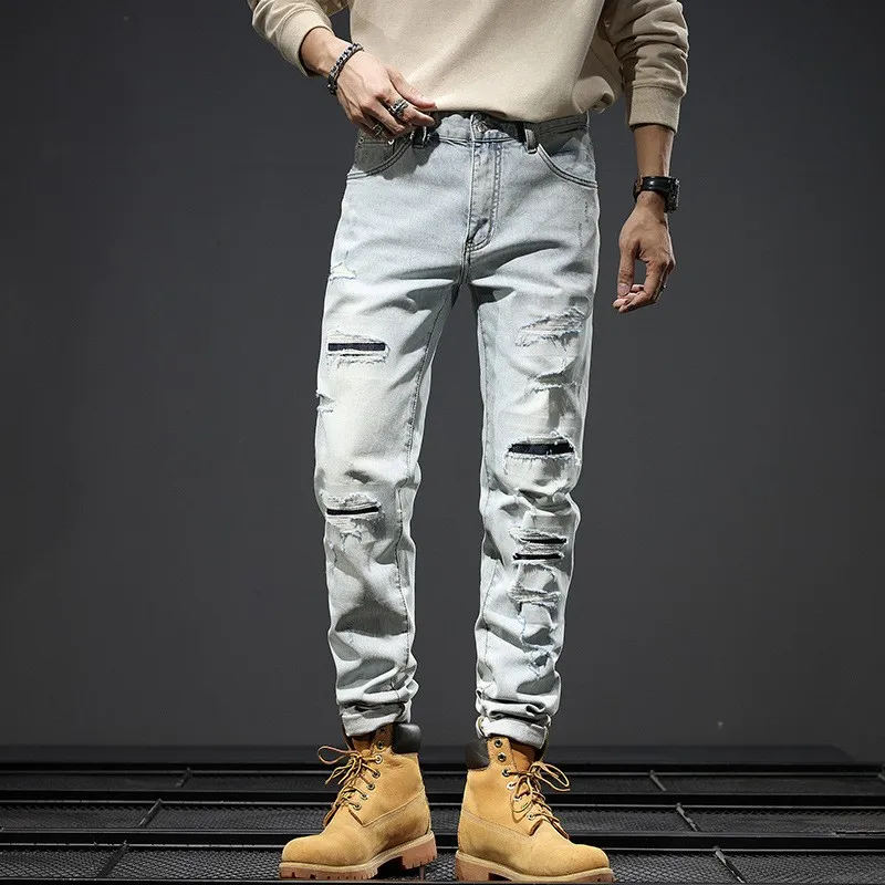 Street Fashion Heren Jeans Retro Lichtblauwe Stretch Slim Fit Gat Gescheurde Jeans Heren Patched Designer Vintage Denim Broek Hombre