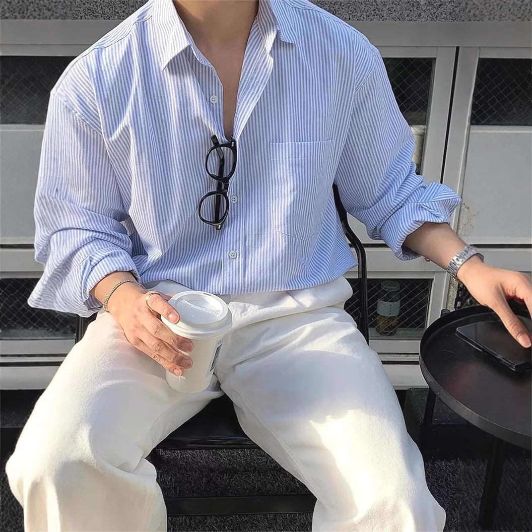 Striped Shirt Men's Old Money Style Loose Long-sleeved Single Pocket Cardigan Suit Base Shirt Trendy