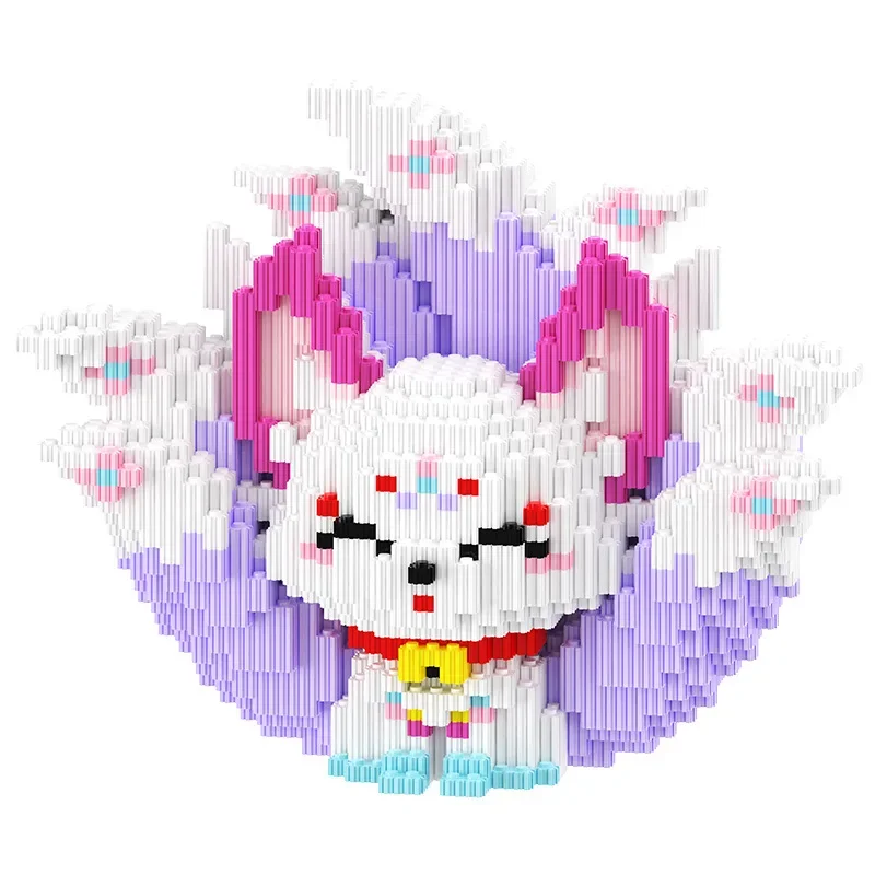 Kawaii Nine-tail Fox Spirit Building Block Assembled 3D Animal Model Image Small Particle DIY Splicing Toy For Kids Santa Gift