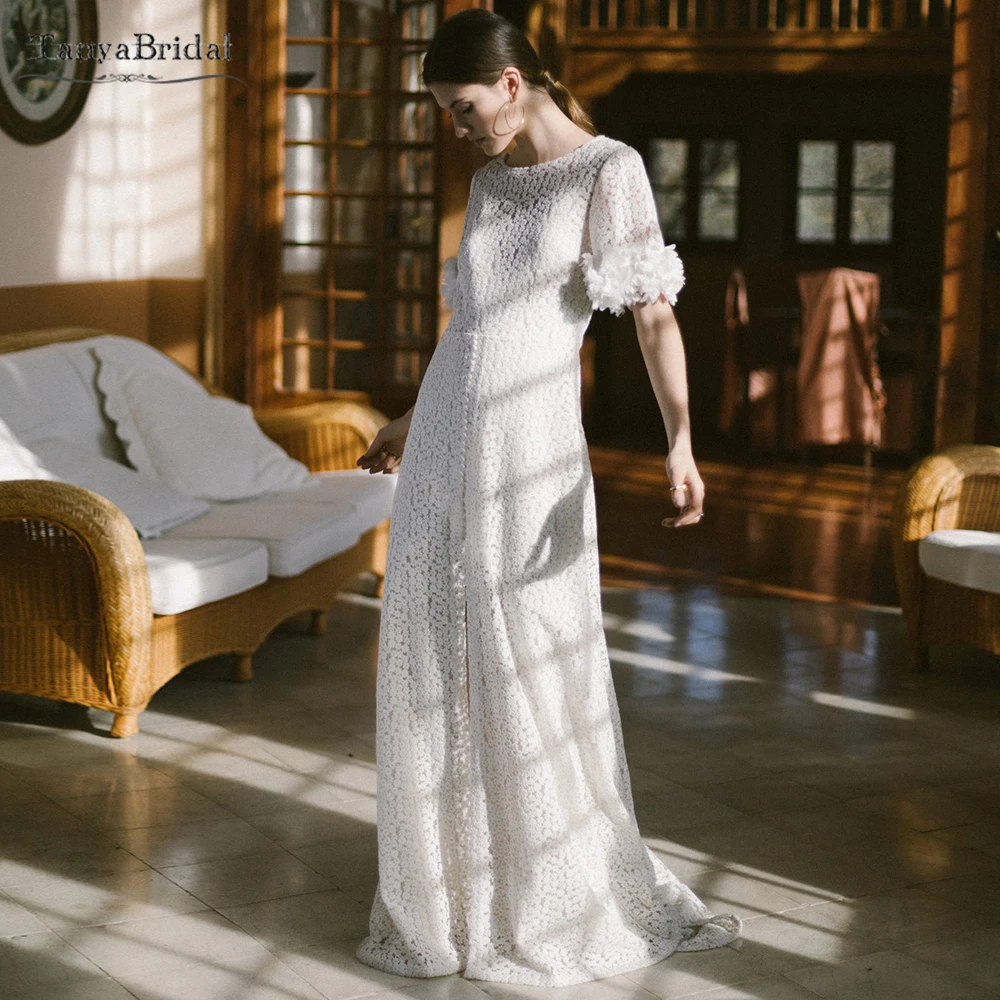 

Short Sleeve Unique Lace A Line Wedding dress ,Backless Bridal gown ,Vestido De Noivas DW1090