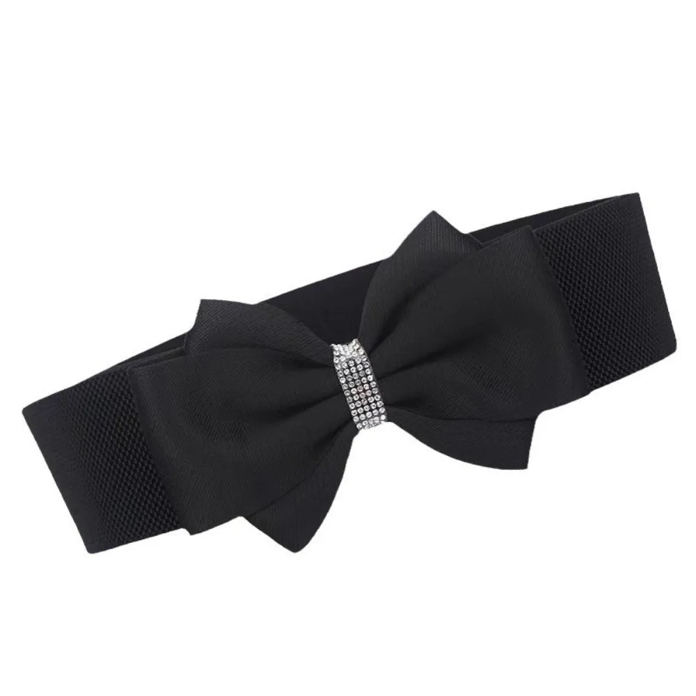 Adjustable Buckle Women's Elastic Wide Belt Plus Size Solid Color Elastic Bow Belt Rhinestone Stretch Belt