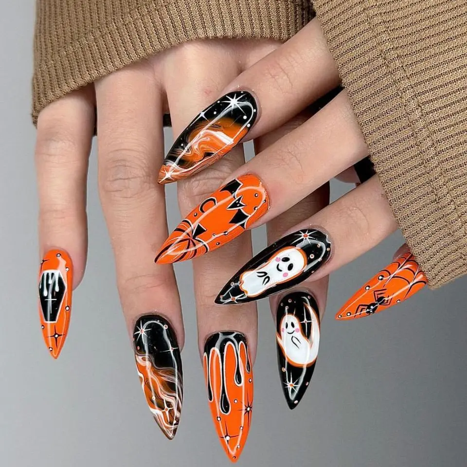 24 Stück Spirale Streifen Muster Press On Nails Stern Kürbis Laterne Halloween Elemants Falscher Nagel Blau Französischer Stil Mandel Fake Nail – Detail 9