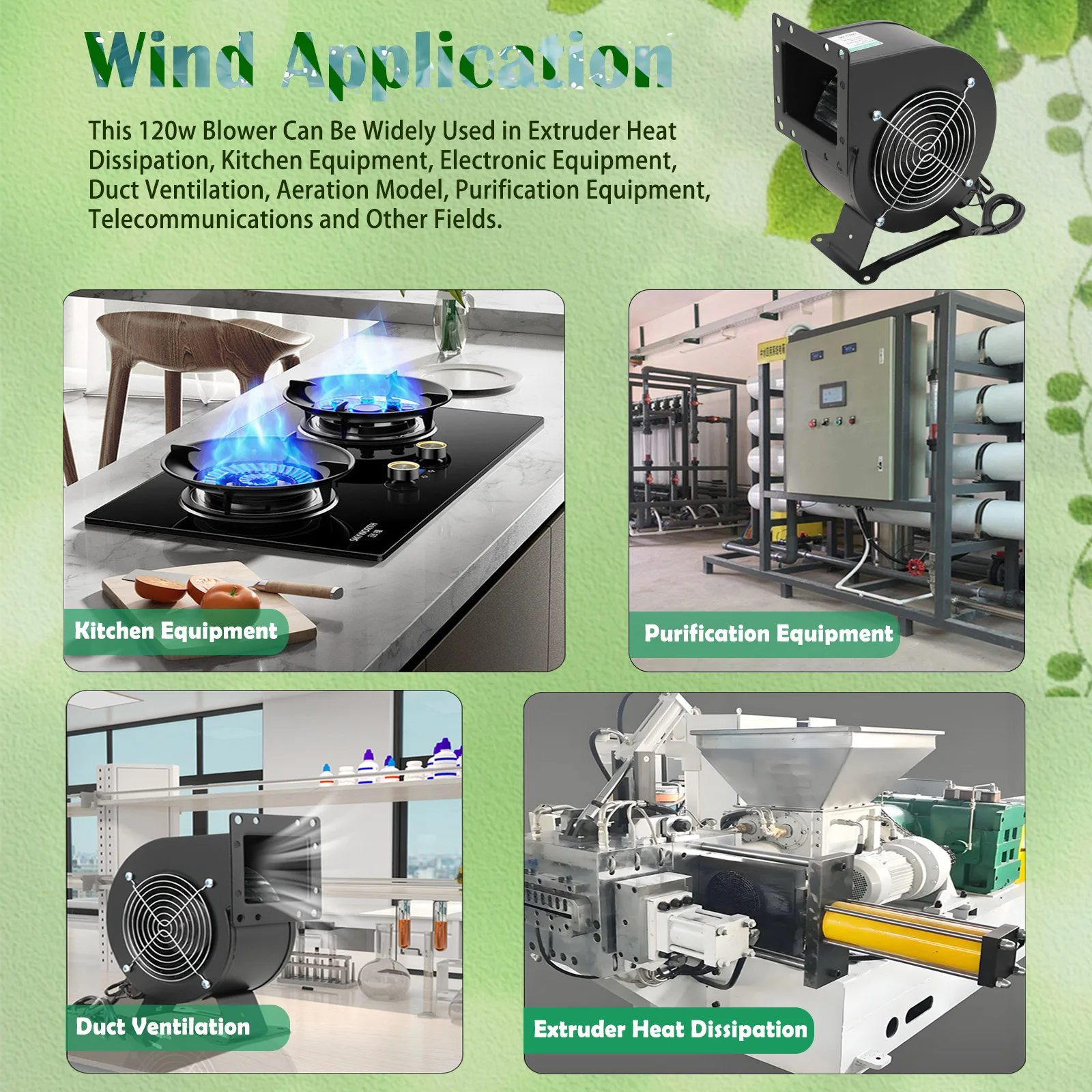 Kipas Blower Sentrifugal 120W, Kipas Blower Boiler Tungku Kayu Luar Ruangan dengan Flensa Bulat 5.5m³/Menit 2600r/Menit Hitam