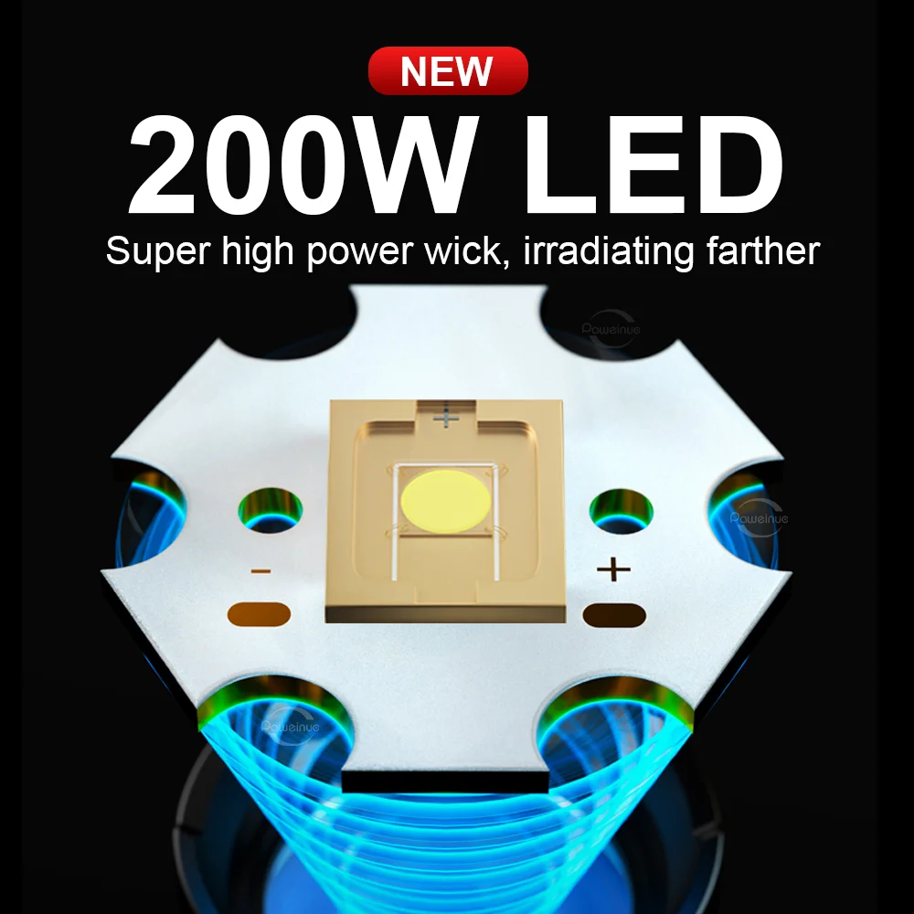 2024 200W LED Ultra potente linterna de alta potencia recargable LED antorcha tipo C carga LED linternas lámpara linterna 5 modos