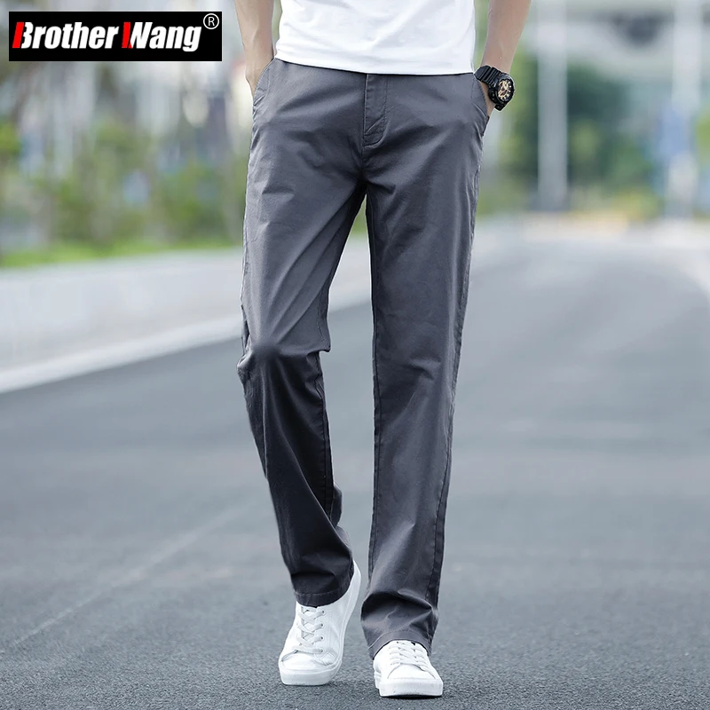 Summer Men's Thin Stretch Straight Casual Pants Business Fashion Solid Color Dark Grey Khaki Brand Trousers Plus Size 42 44