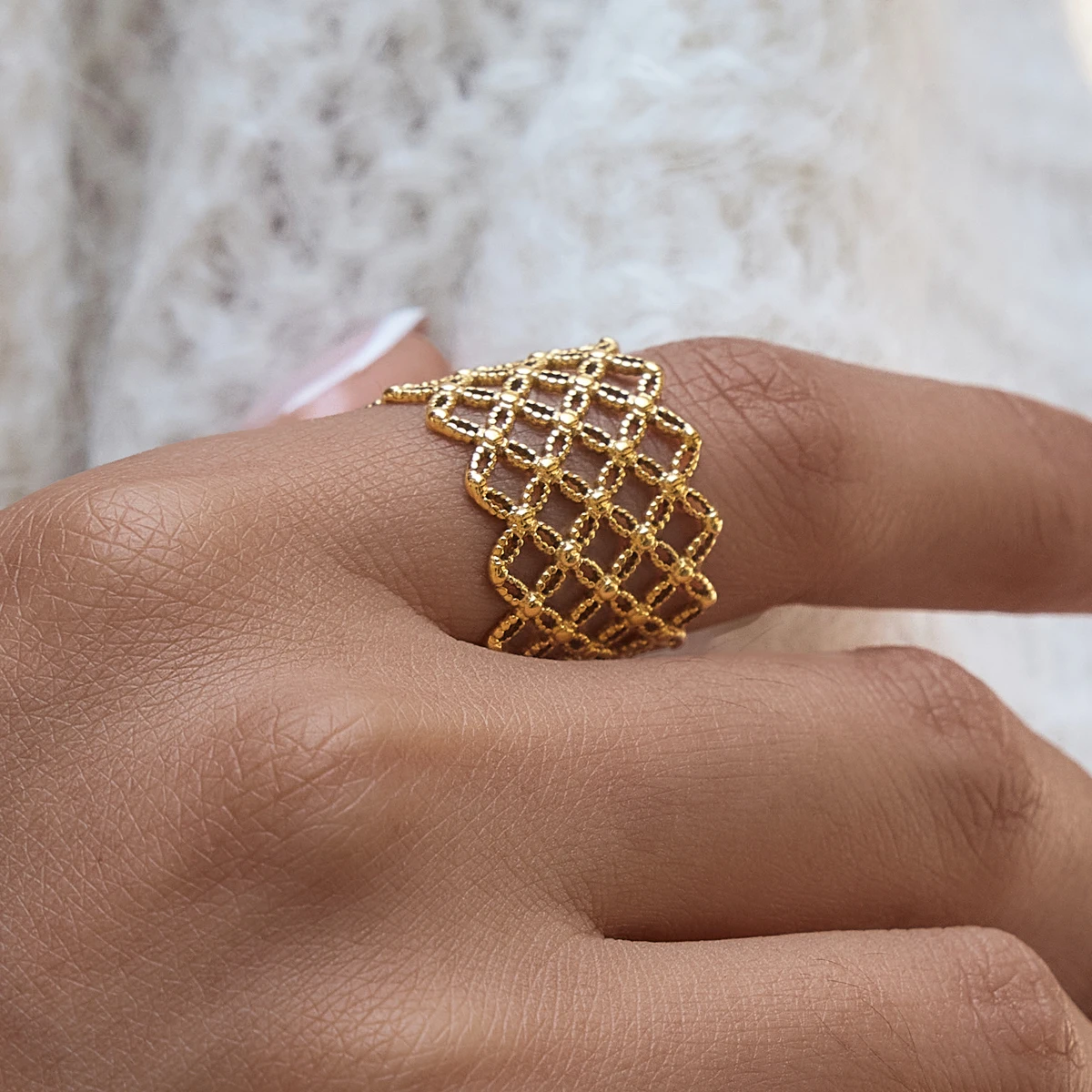 Yori Stainless Steel Mesh Openwork Wide-faced Ring Wholesale Accessories Exquisite Jewelry Bijoux Gift